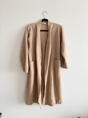 Quince 100% Cashmere Long Open-Front Robe Cardigan Light Taupe Tan XL